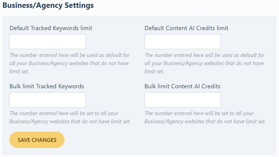 Business/ Agency settings for changing Bulk limit of tracked keywords in Rank Math.