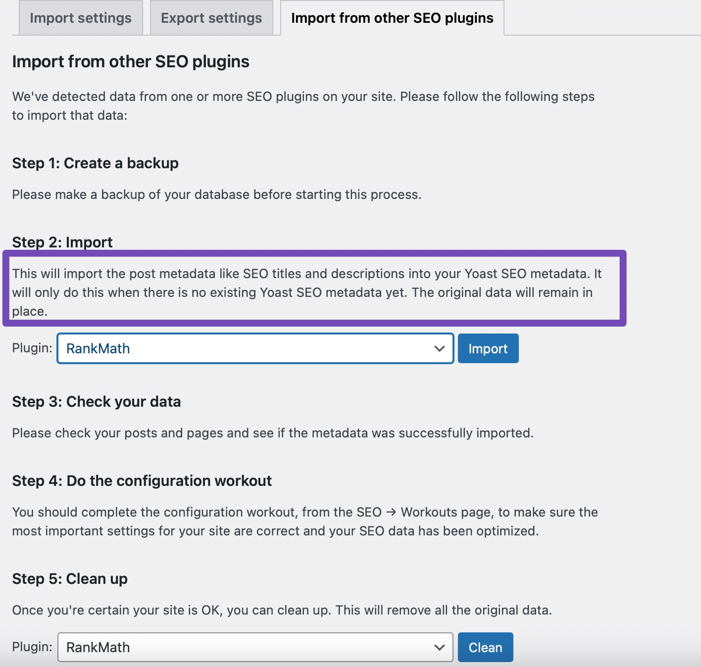 Import data from Rank Math to Yoast