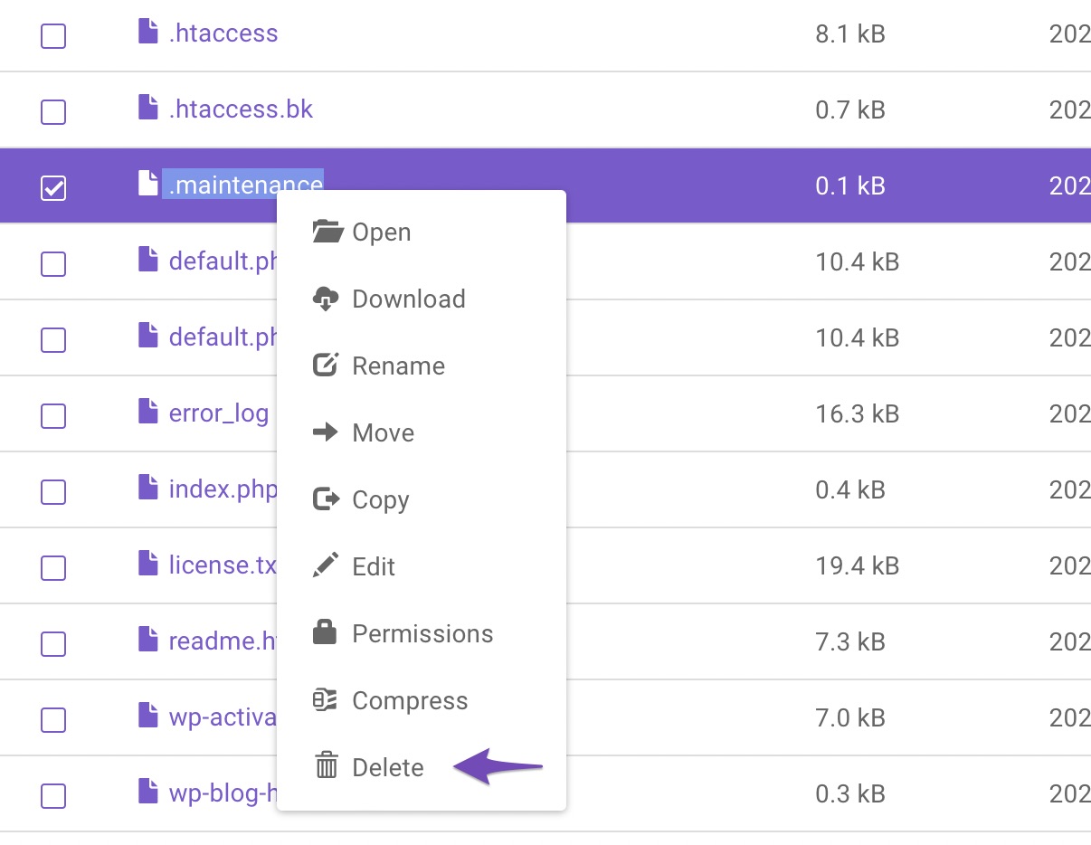 Delete the .maintenance file from the cPanel