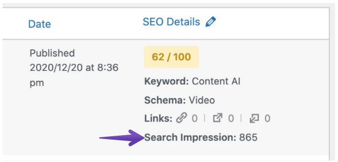 Search Impressions in SEO Details post column