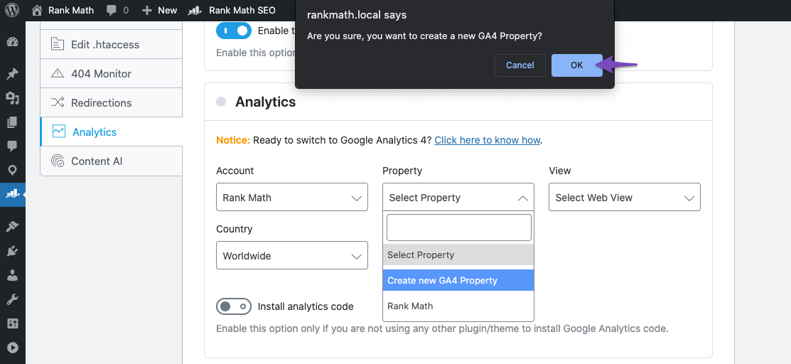 Prompt to create new GA4 property