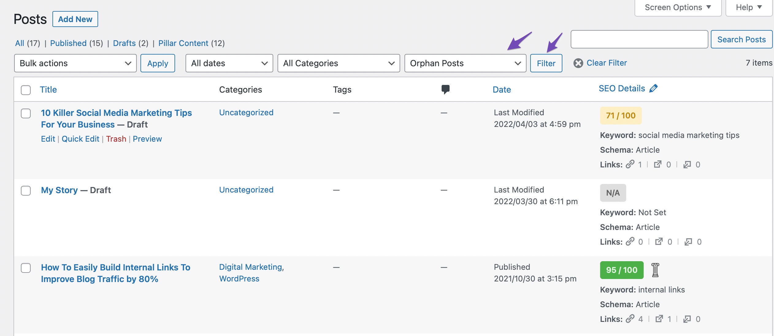 Find orphan pages in Rank Math