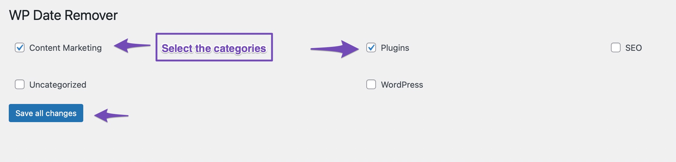 select categories in WP Date REmover plugin