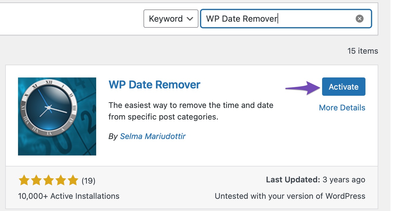 Instale e ative o plugin WP Date Remover