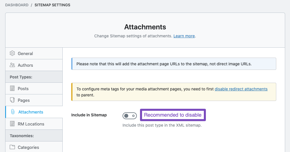 Attachment Sitemap Settings