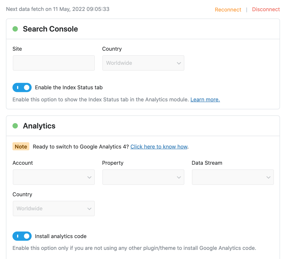 Search Console and Analytics configuration