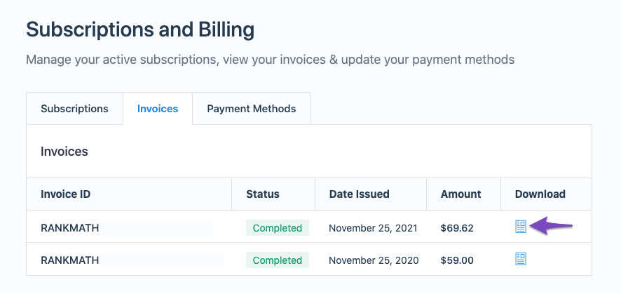 Download Rank Math subscription invoice