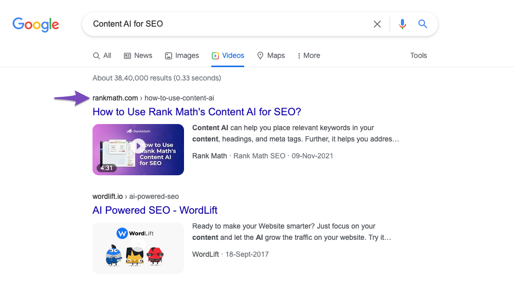 Video search results