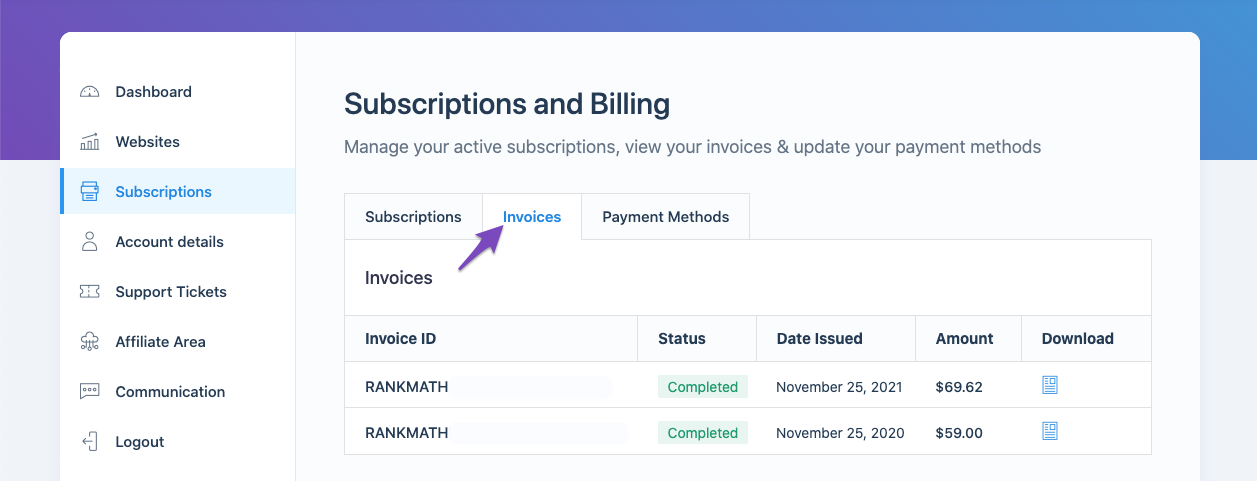 Invoices tab