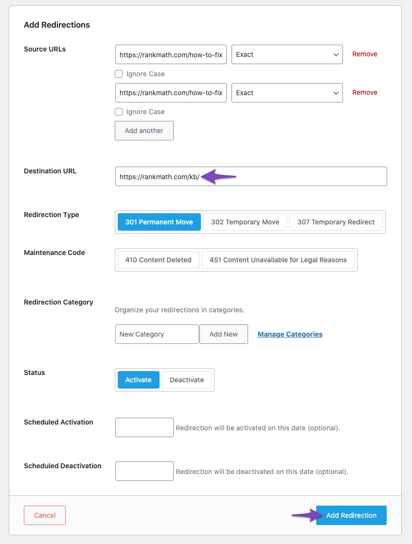 Add redirections from bulk action