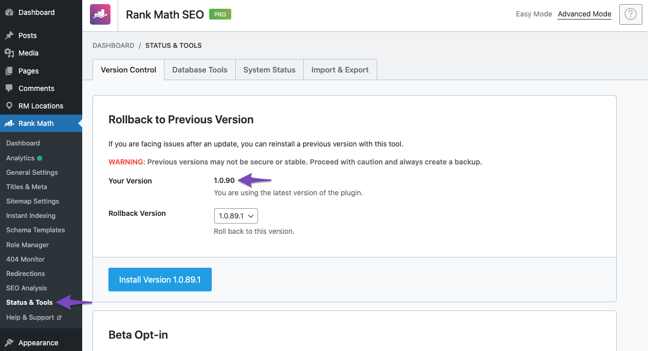 Check Rank Math version from Version Control