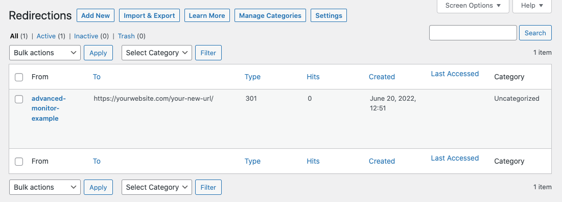 Redirection created for 404 error