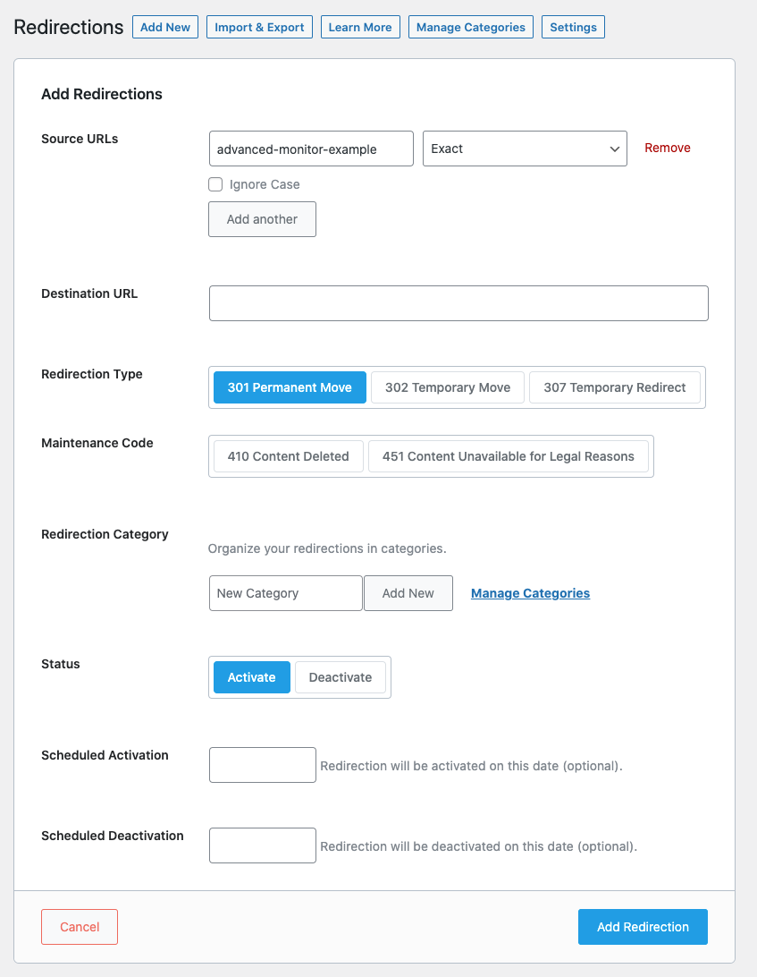 Redirection options example