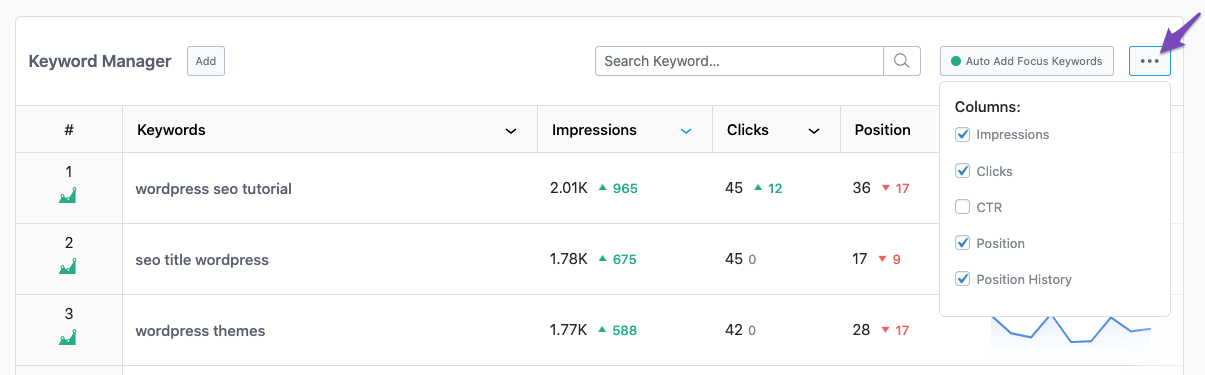 Selecting columns in Rank Tracker