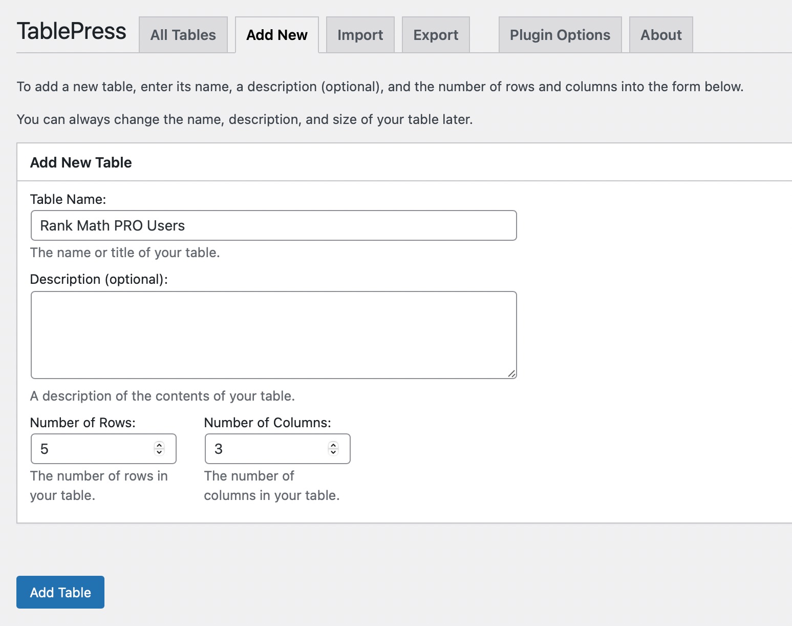 add rows columns in TablePress