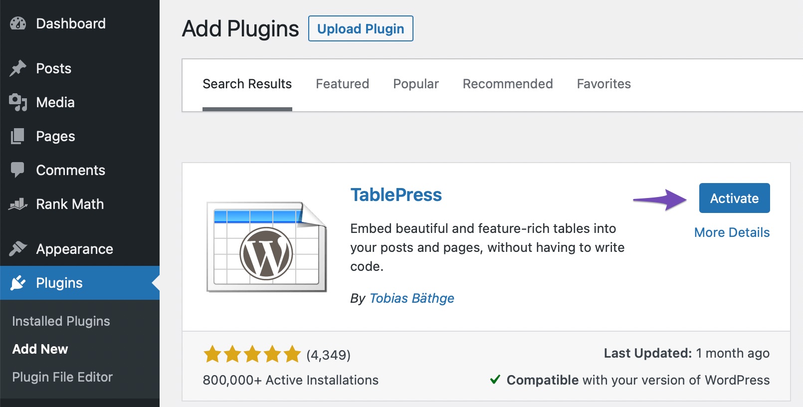 instalar e ativar o plugin TablePress