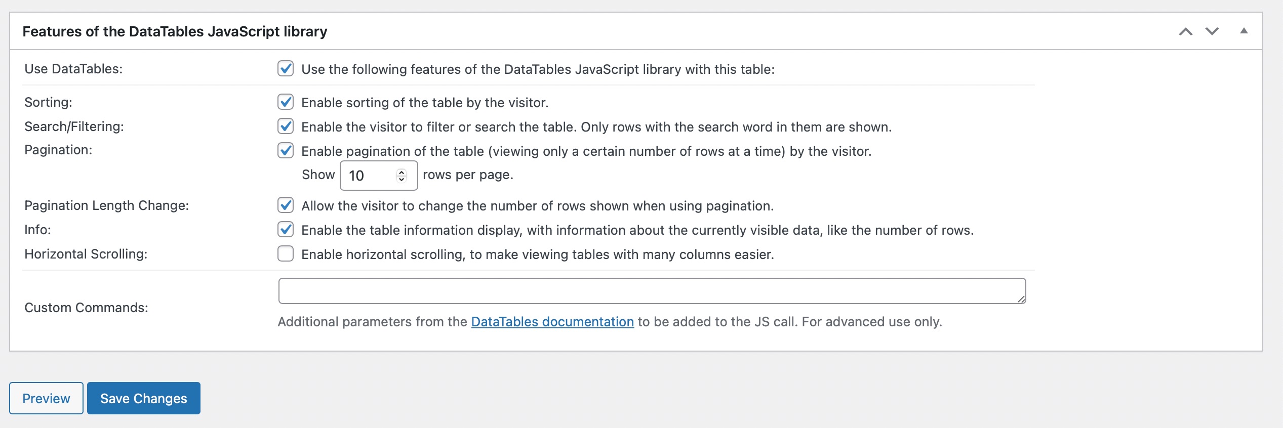 set various options in Features of the DataTables JavaScript library