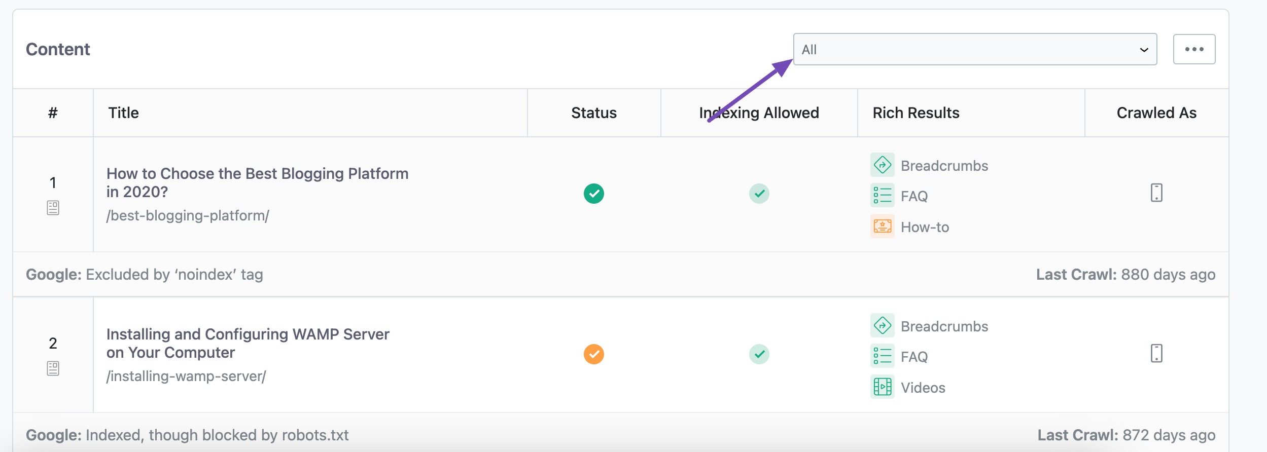 Filter by index status