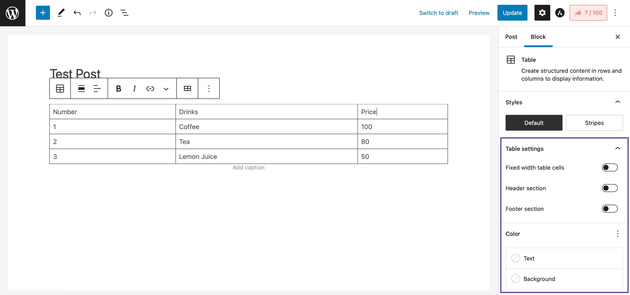 personalize a tabela usando as configurações da tabela