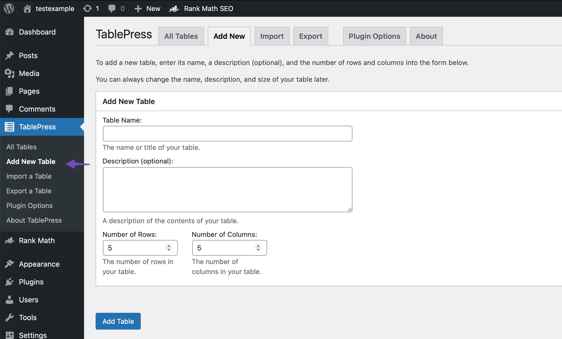 Adicionar nova tabela no TablePress