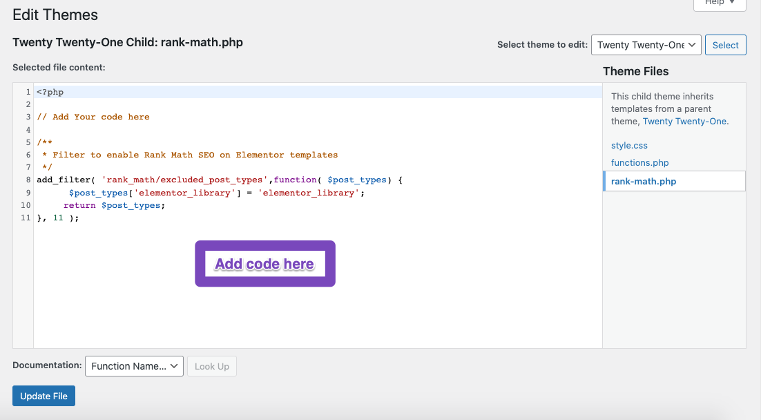 Add the code snippet to rank-math.php file