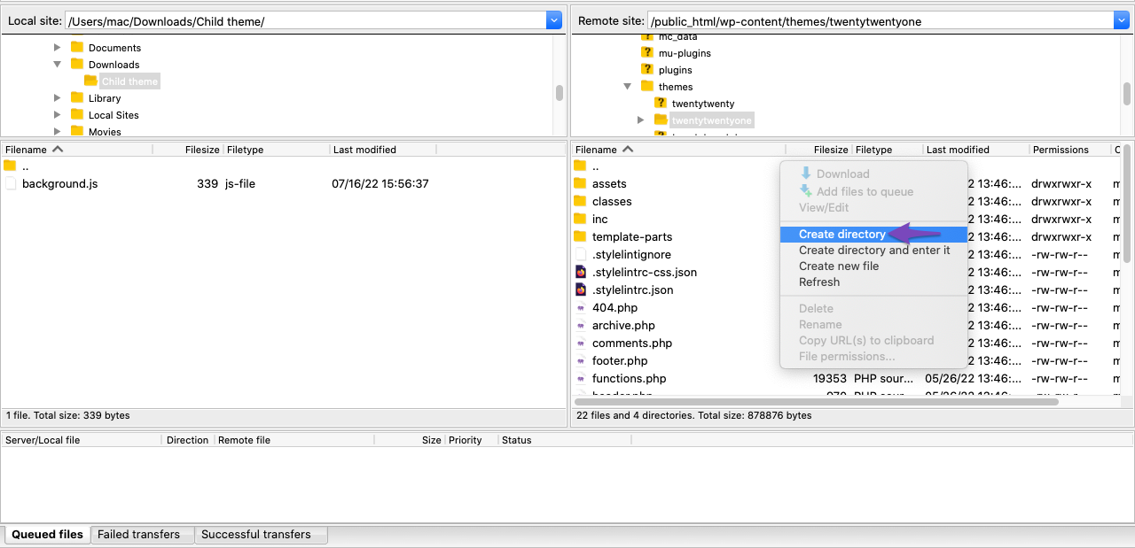 Create directory in Filezilla