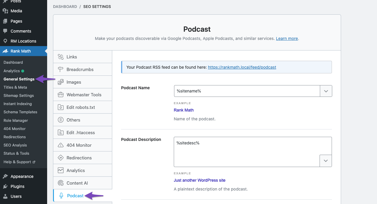 Navigate to Podcast settings
