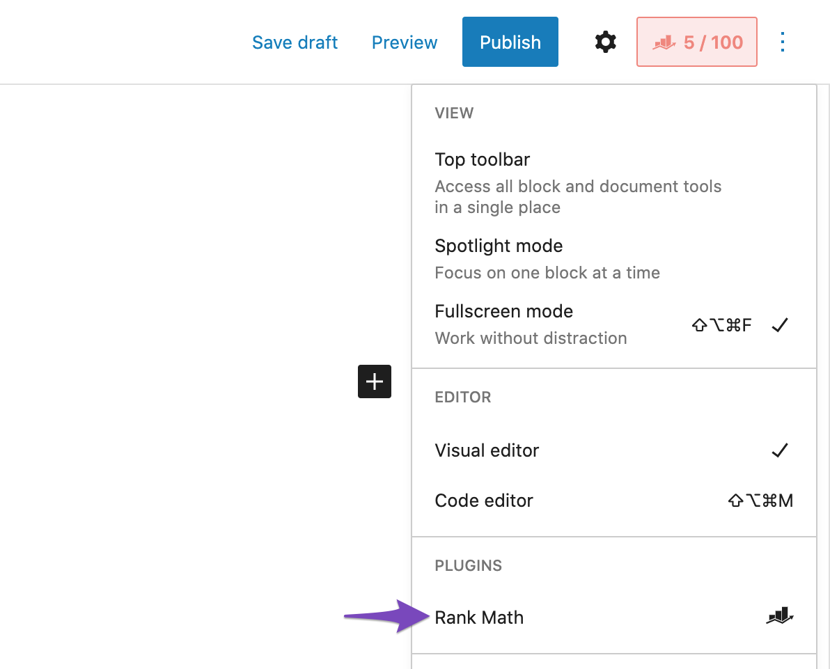 Open Rank Math from Plugins menu