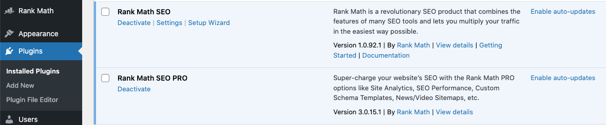 Rank Math plugins updated to the latest version