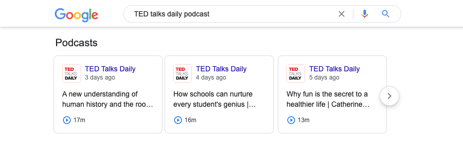 TED talks daily podcast rich result