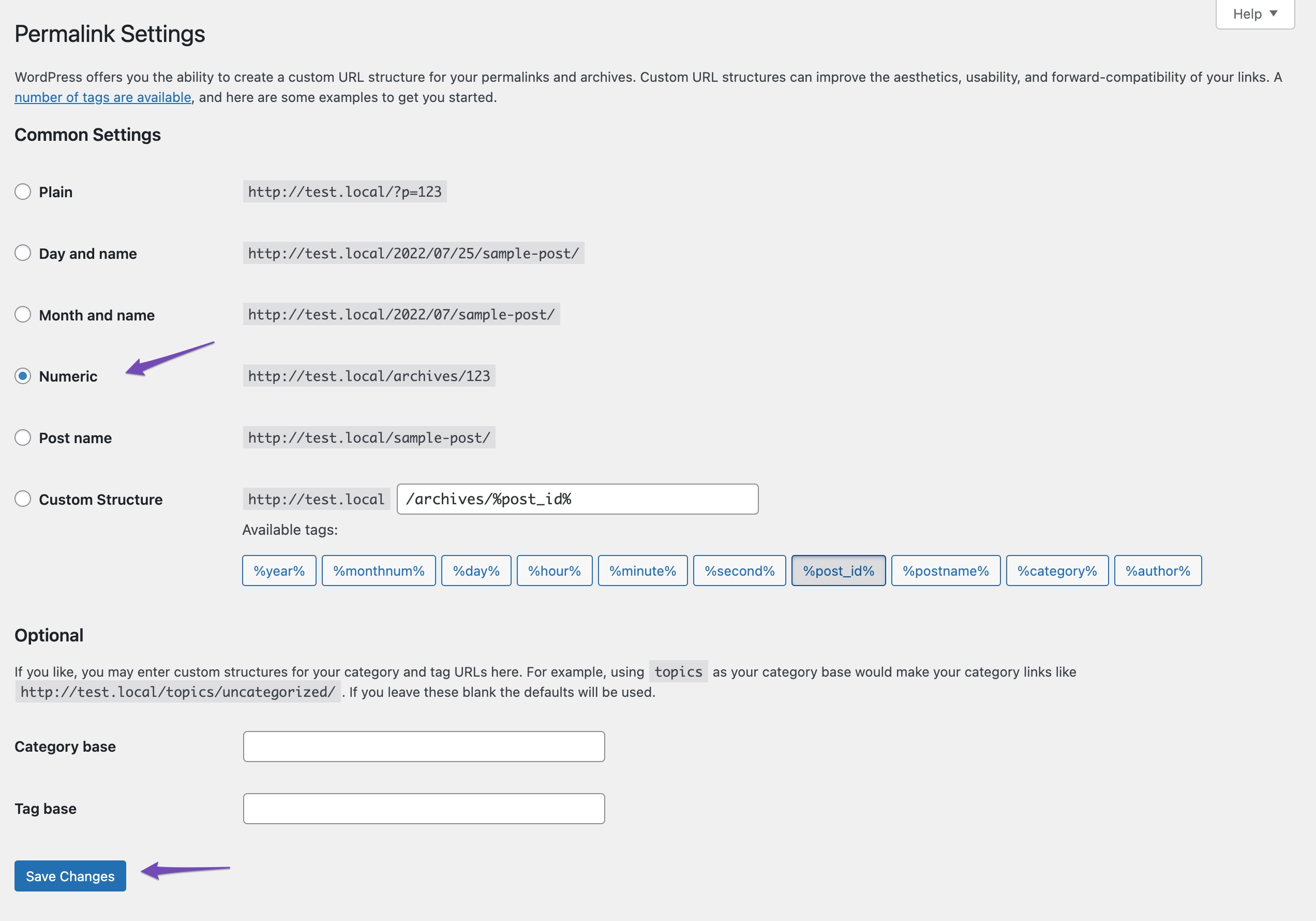 redefinindo as configurações de permalink