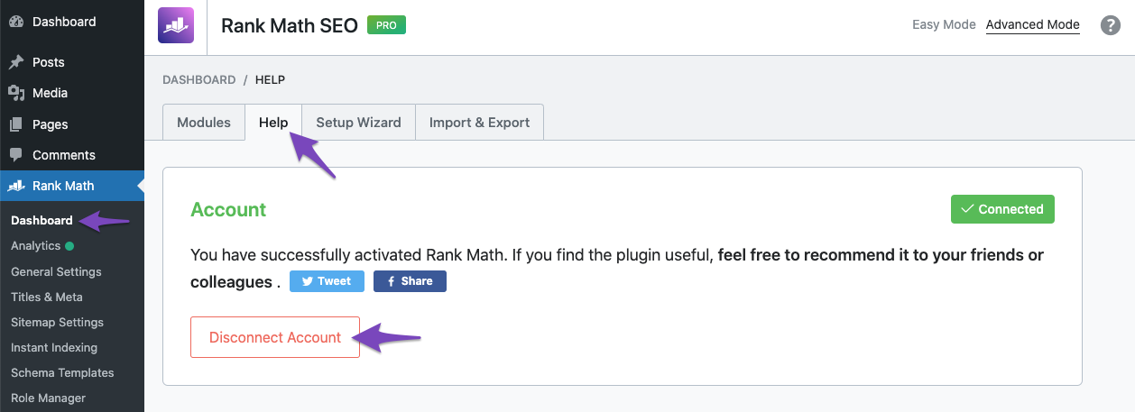 Disconnect account in Rank Math SEO