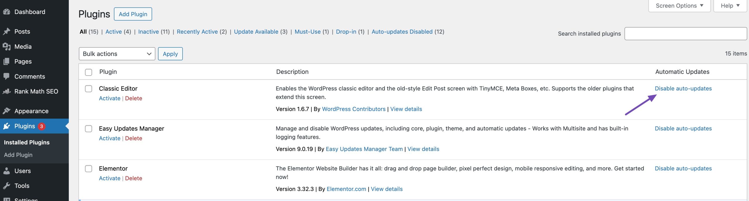 disable automatic update for specific plugin