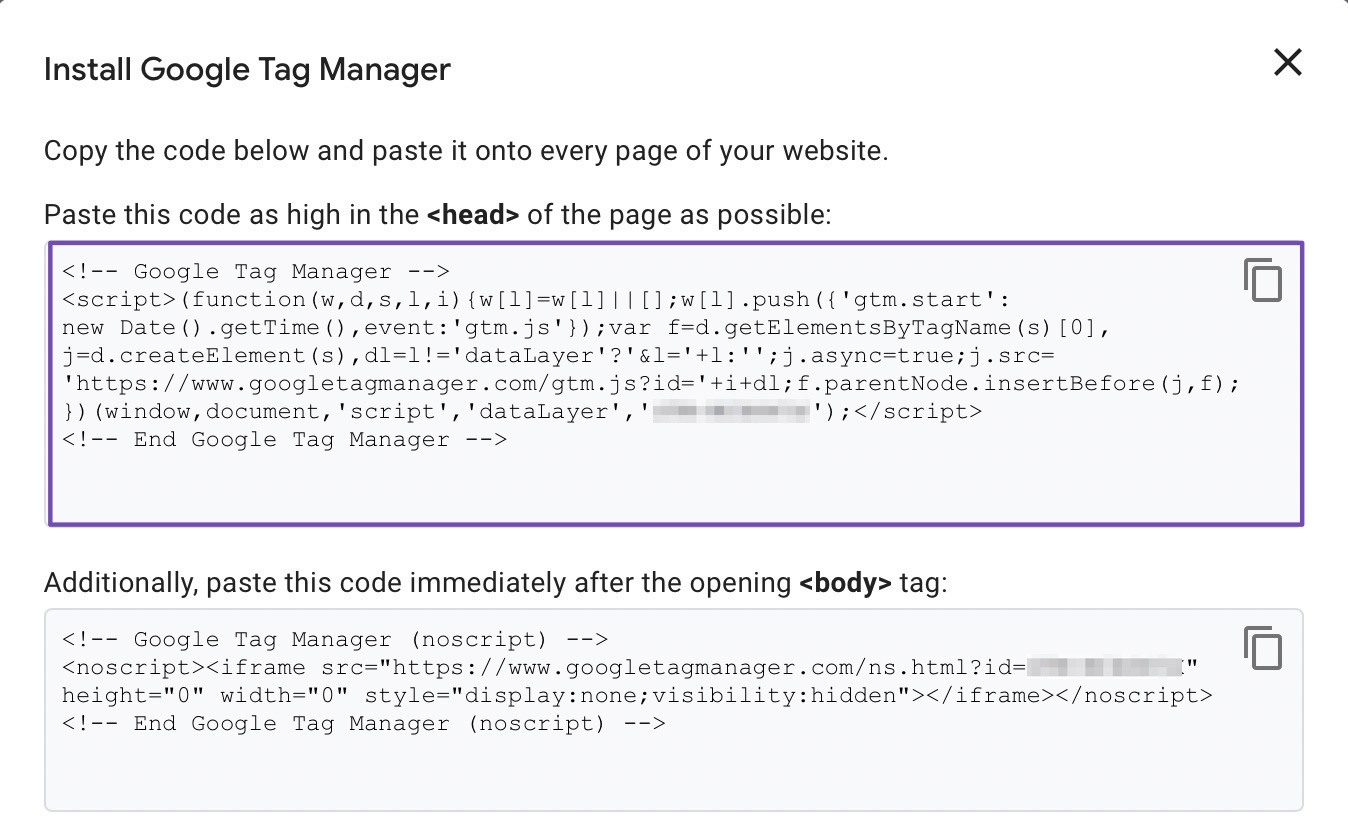 install Google Tag Manager - code snippet