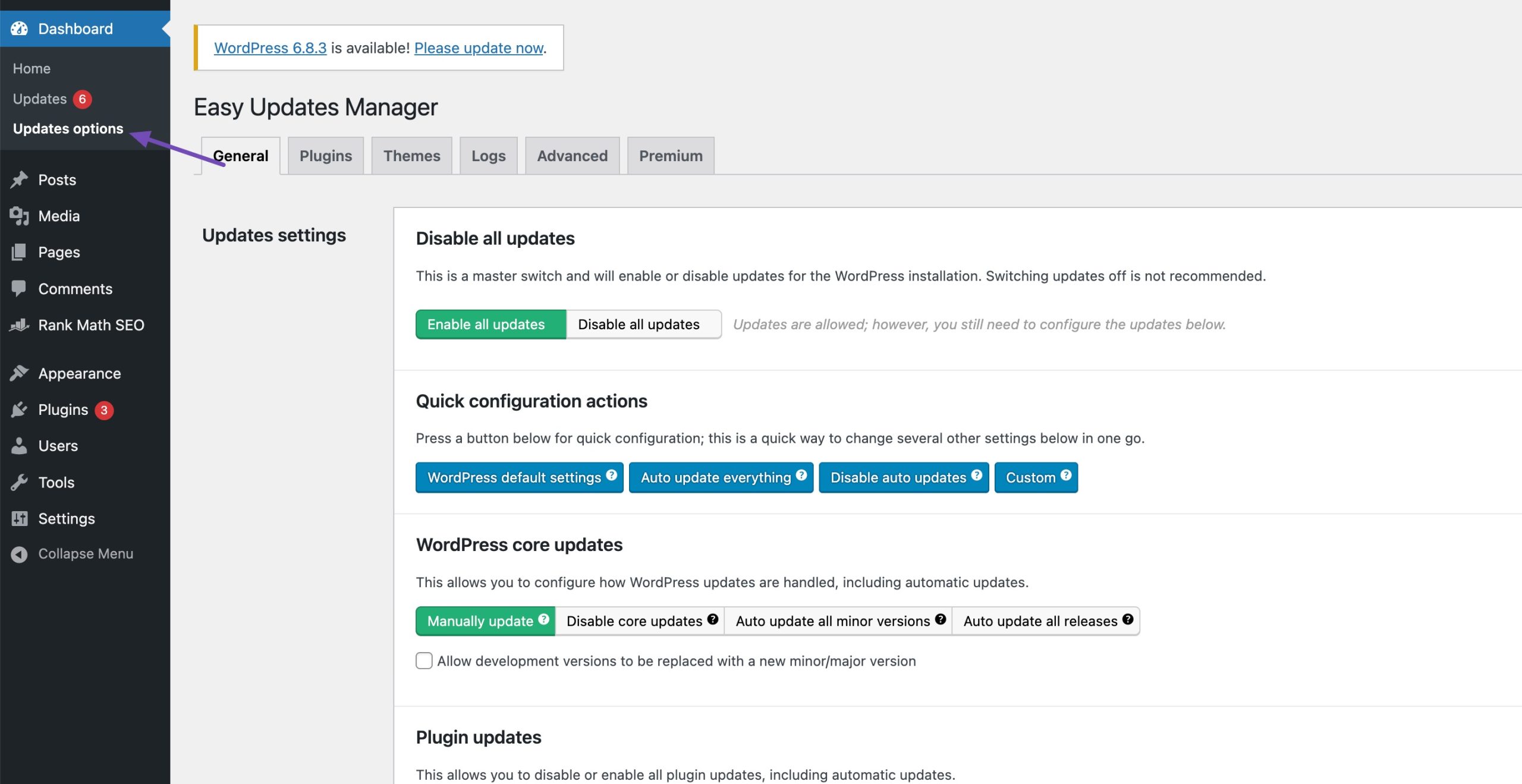Navigate to update options