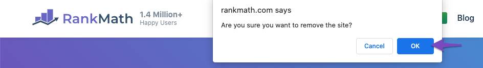 Confirm removing site in Rank Math Client Management dashboard
