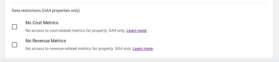 Data Restrictions available in GA4 properties
