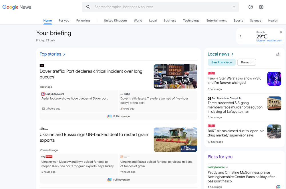 Google News Home Screen