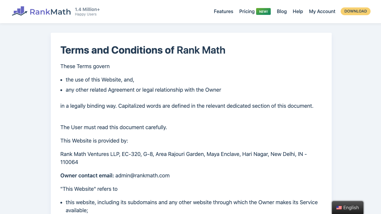 Rank Math Terms and Conditions page