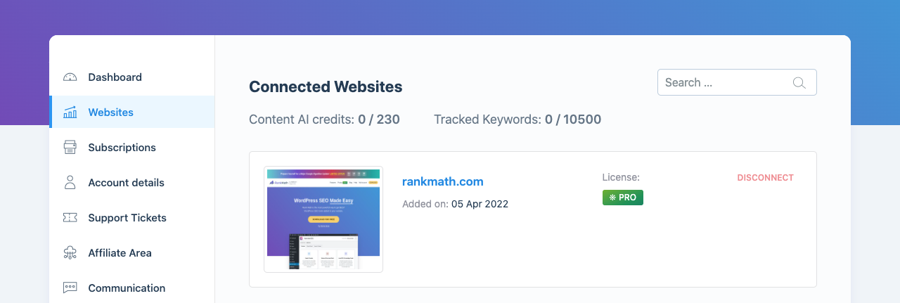 Rank Math connected websites