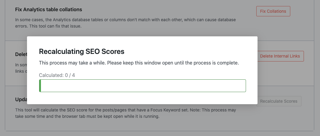 Recalculating SEO scores popup