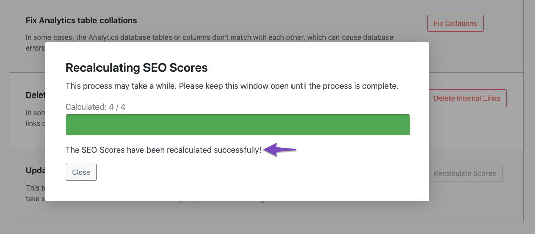 Recalculating SEO scores is complete