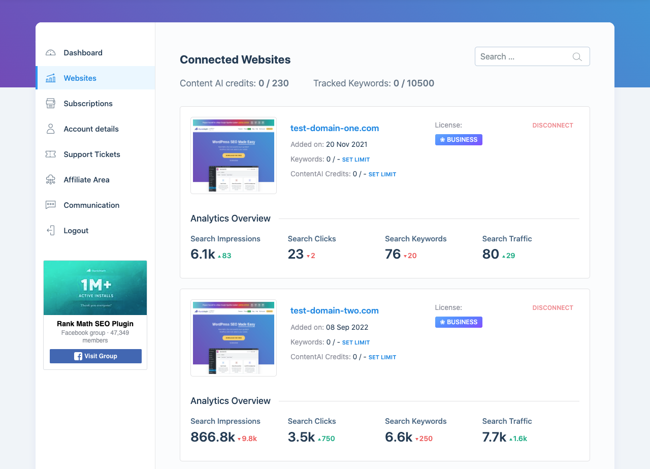 See connected websites in Rank Math Account Area