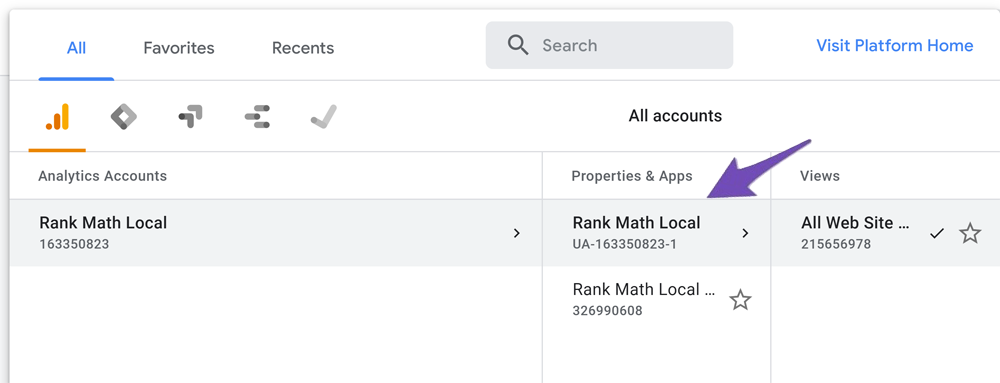 Select the account in Google Analytics