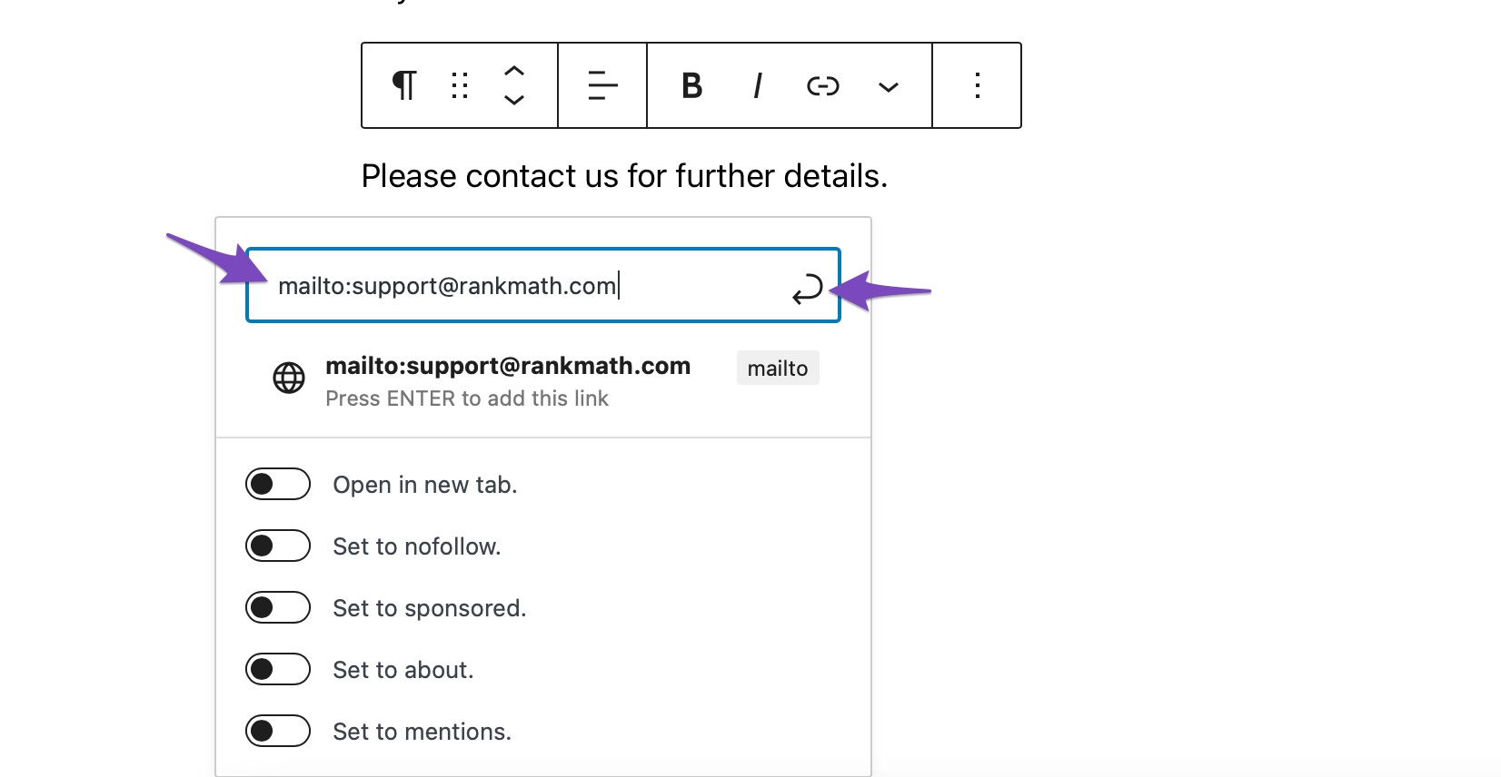 how to add email link in wordpress