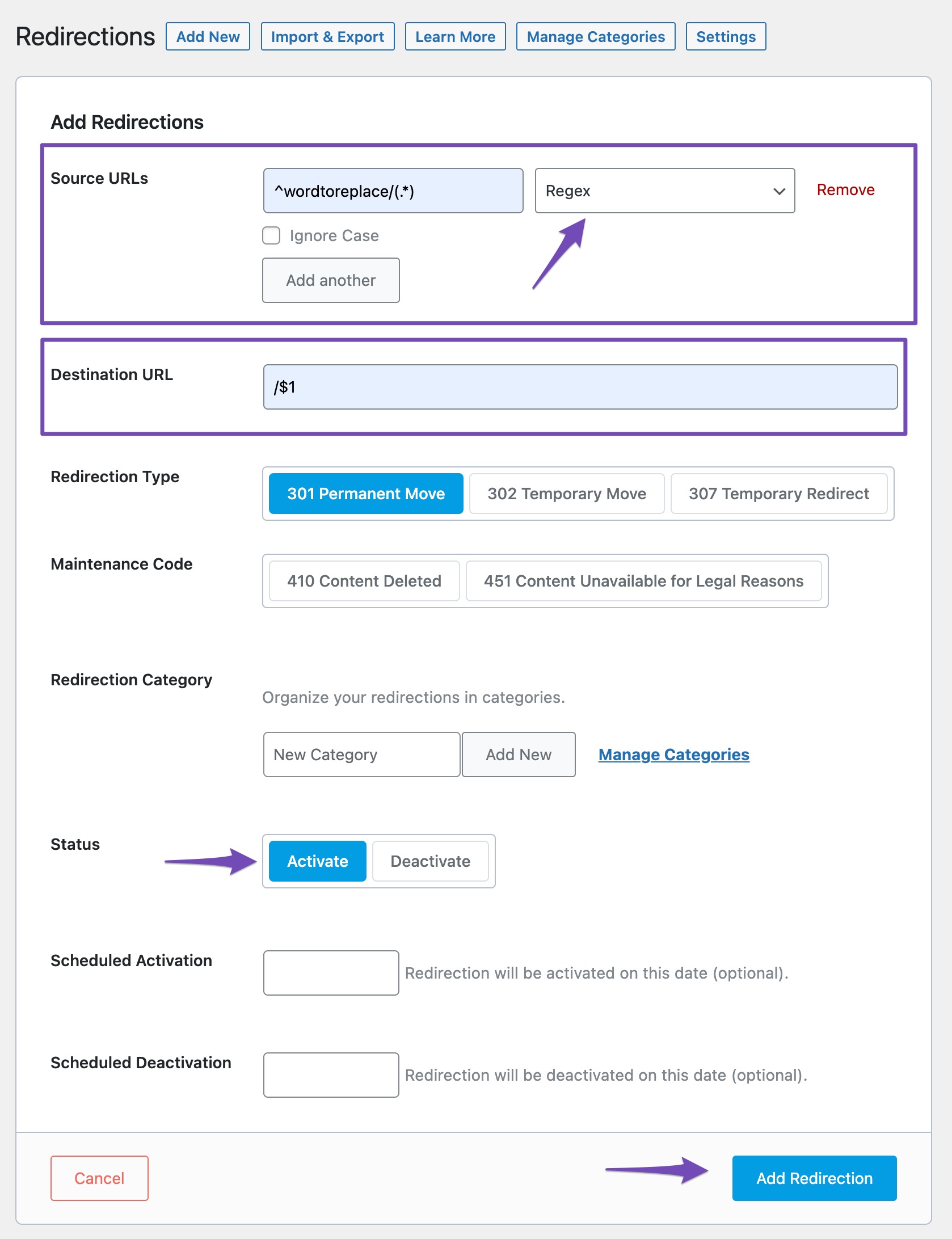 Adding regex redirect to remove a particular word from the URL