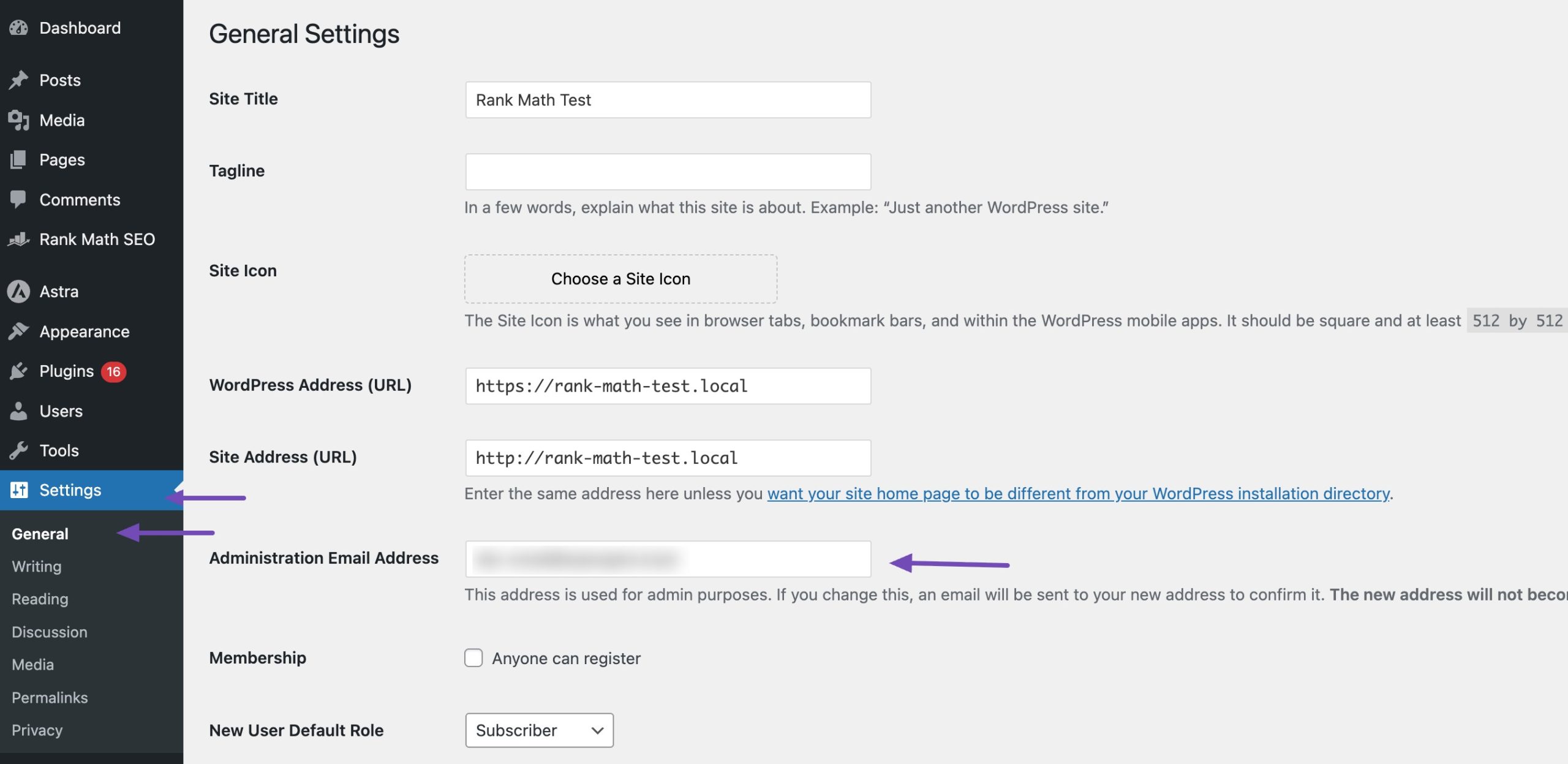 change the admin email option
