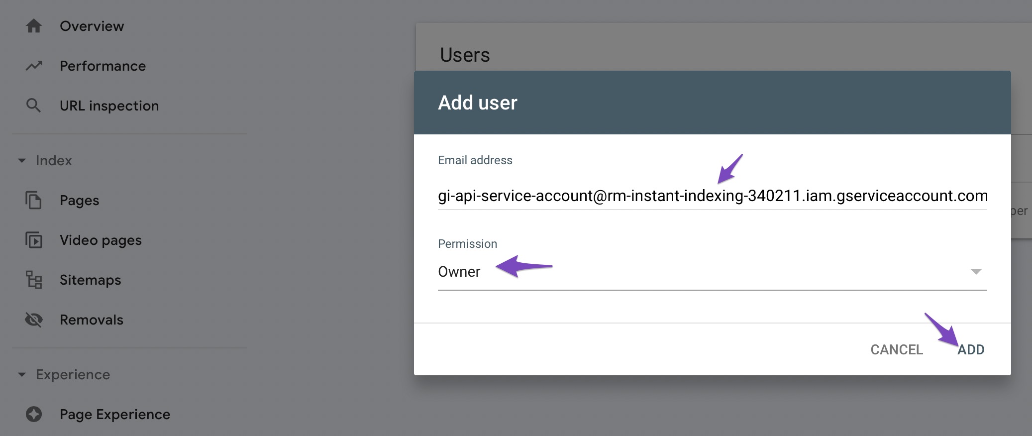 Add user as owner in Google Search Console