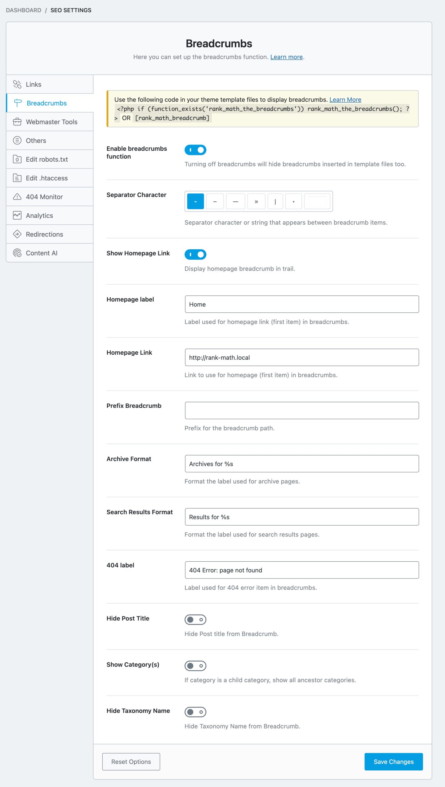 Rank Math breadcrumb options