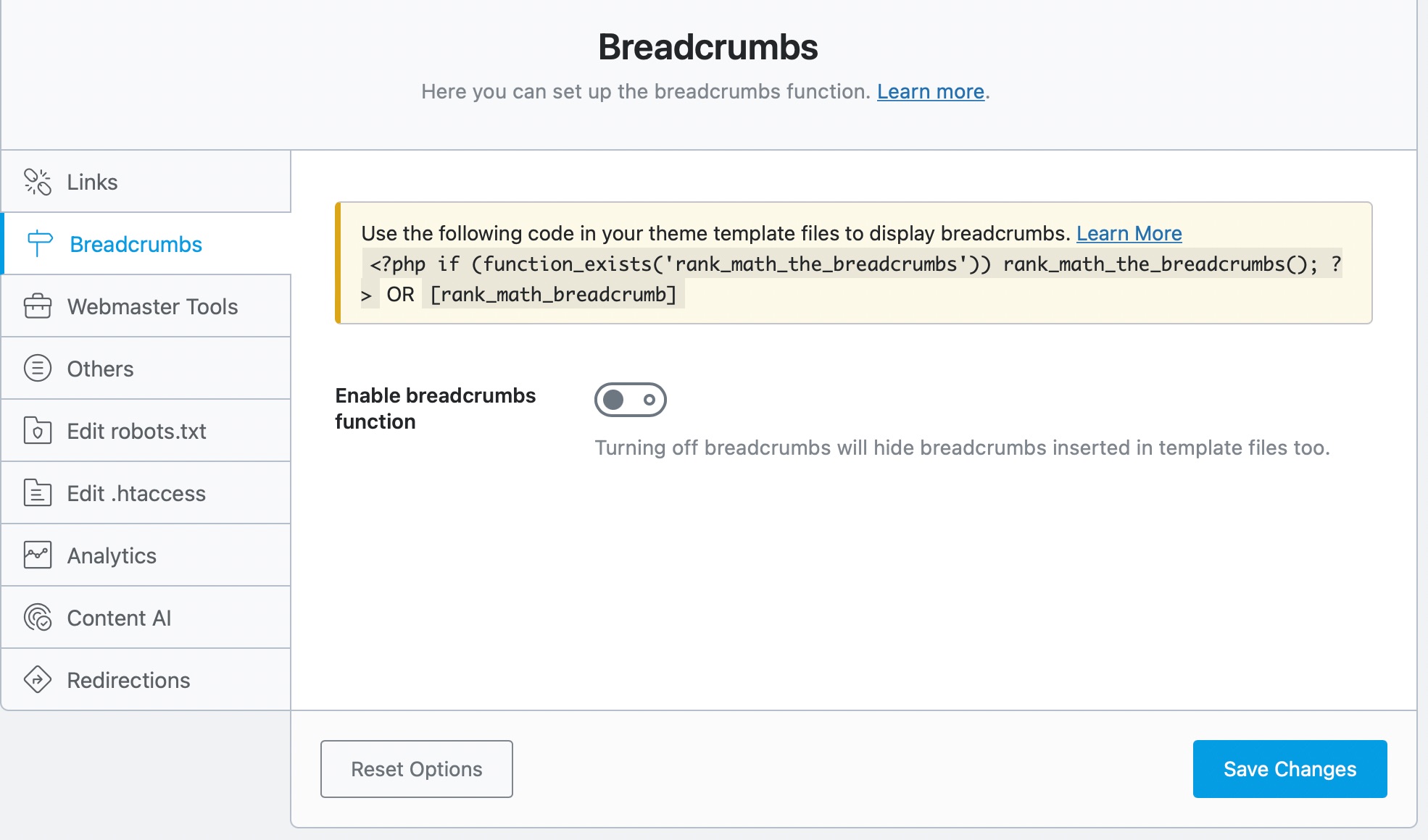 default options in the breadcrumbs section